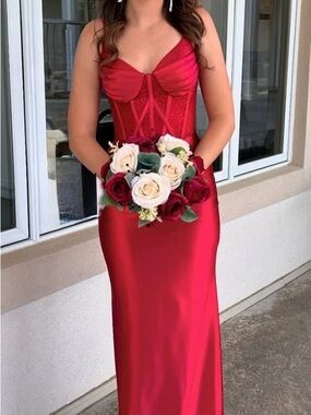 Brand new  Red Strapless Prom Gown with rhinestone Corset Bodice